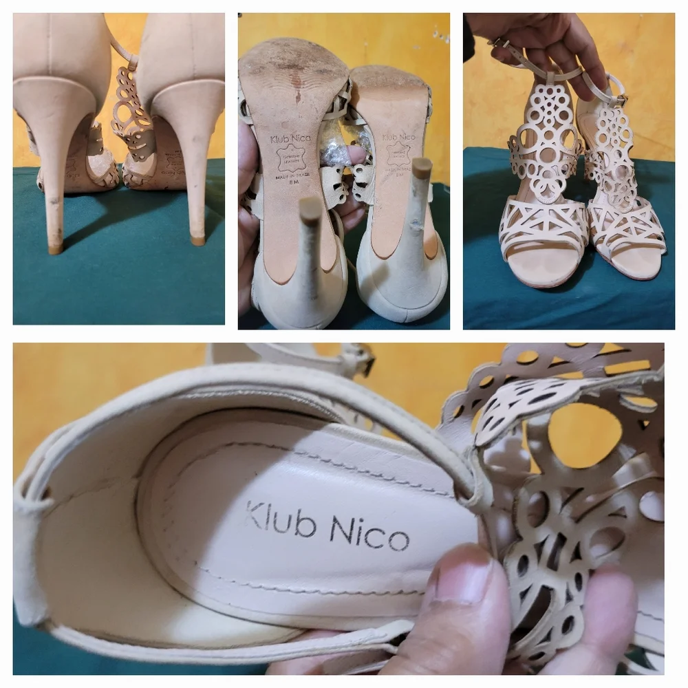 Klub Nico Genuine Leather Made in Brazil High Heel Ivory Sandals, 8, Some Dmg